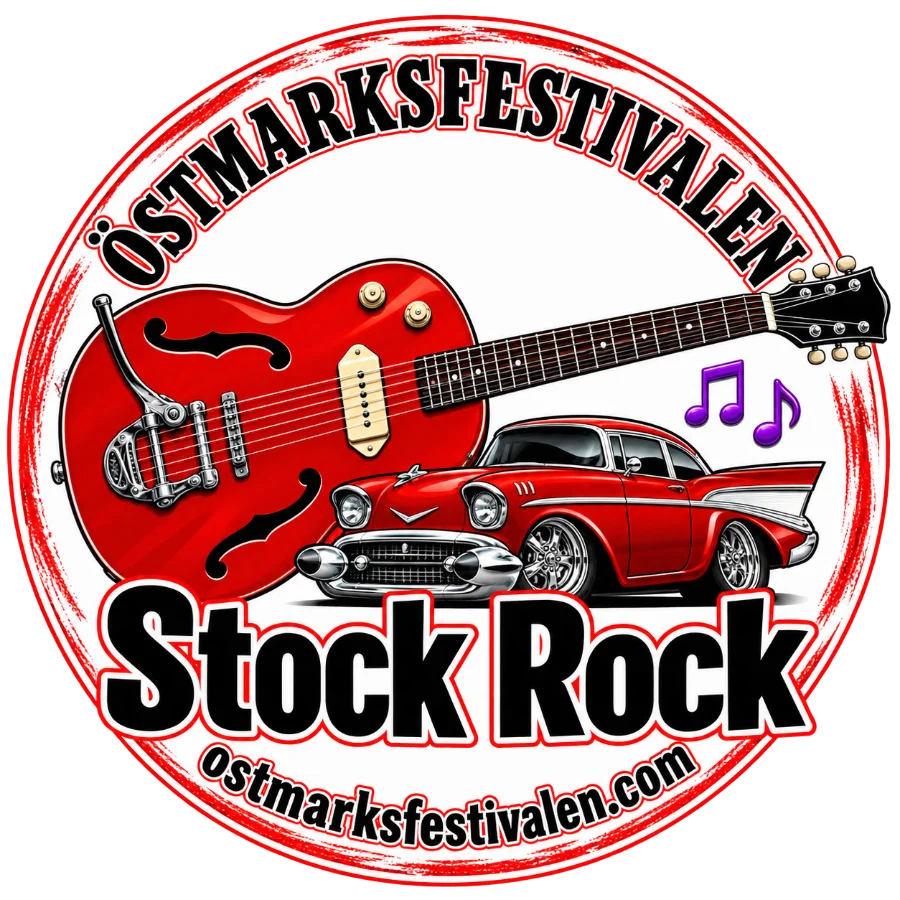 Östmarksfestivalen Stock Rock – röd rockabillygitarr och amerikansk veteranbil